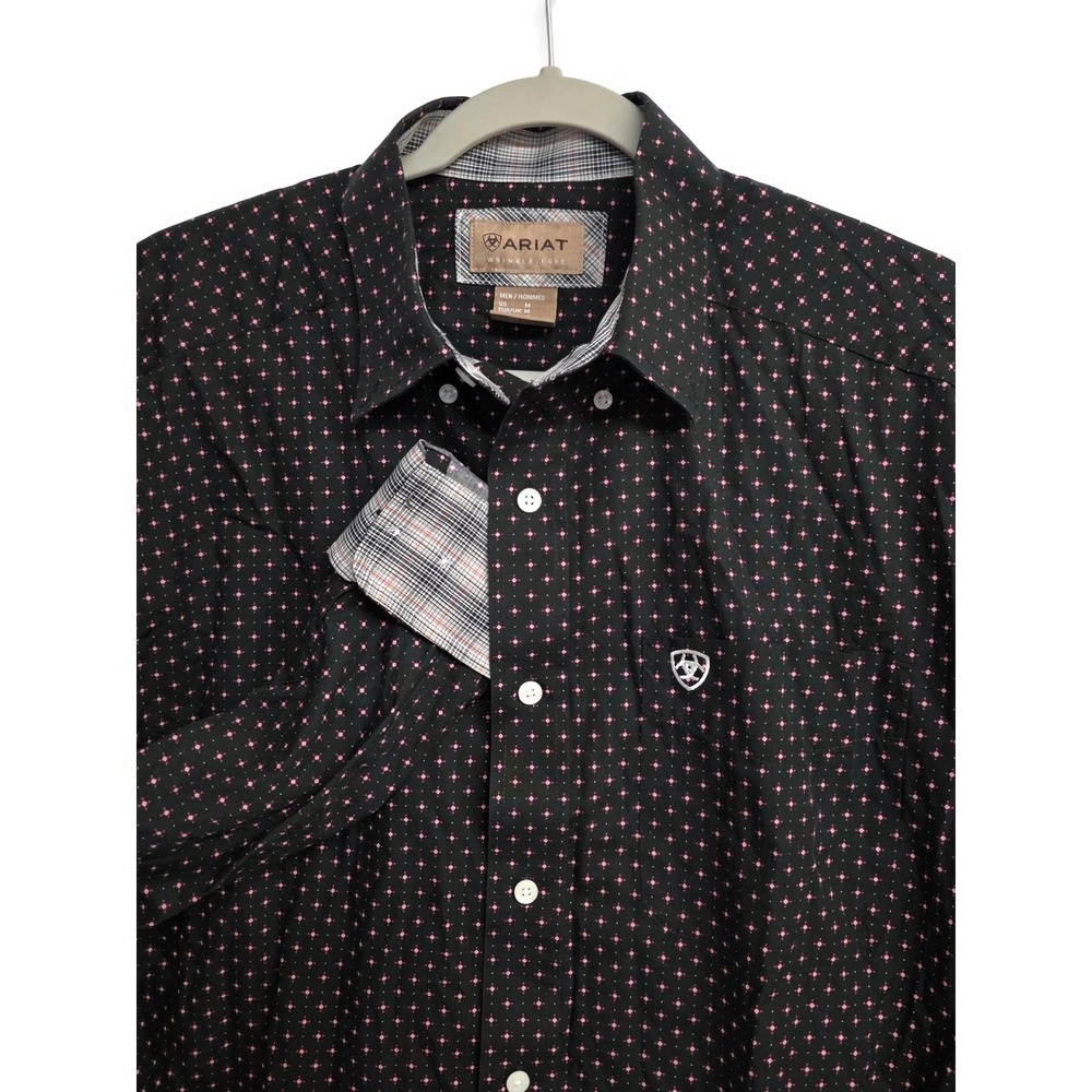 Ariat Shirt Men Medium Black Pink Vance Wrinkle Free Long Sleeve Button Down Pro